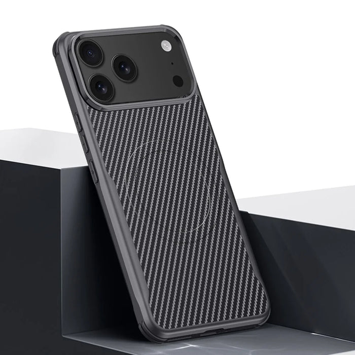 For iPhone 17 Pro Max Case Compatible with MagSafe Carbon Fiber PU + PC + Silicone Protective Cover - Black - 2