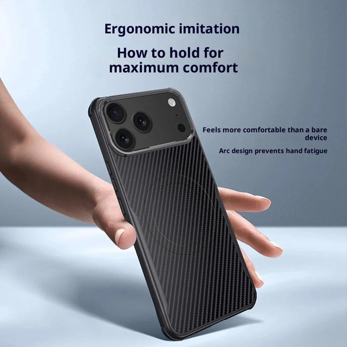 For iPhone 17 Pro Case Compatible with MagSafe Carbon Fiber PU + PC + Silicone Protective Cover - Black - 4