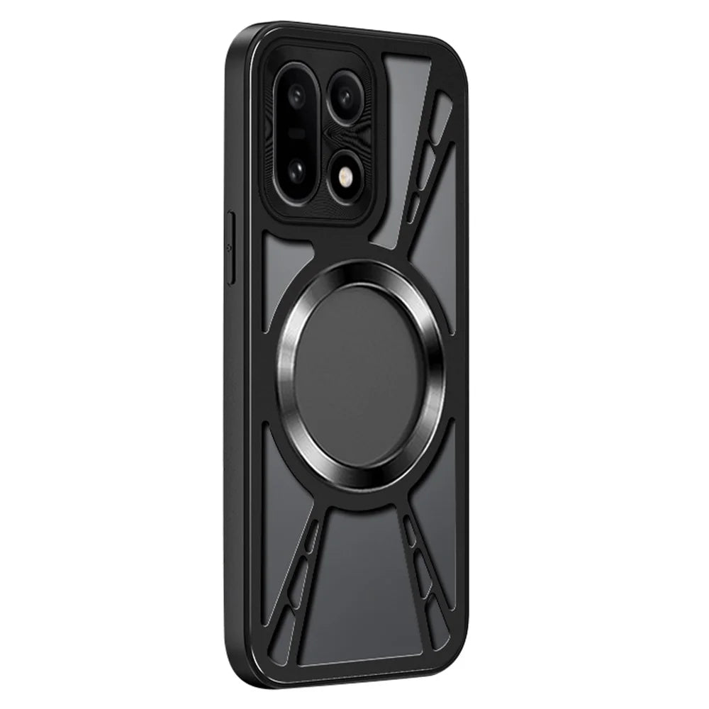 For OnePlus 15 5G Magnetic Case Hollow Heat Dissipation Silicone + PC + Metal Bumper Phone Cover - Black - 1