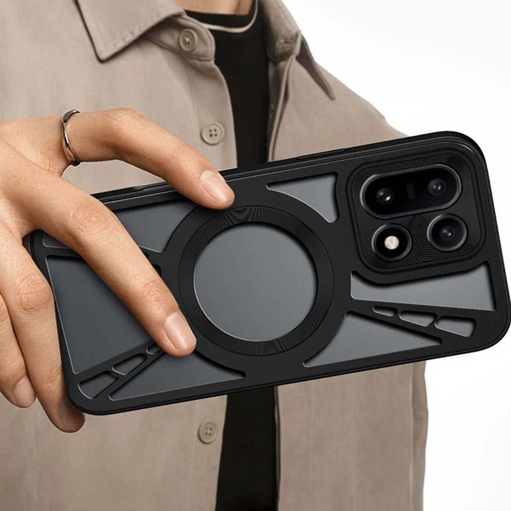 For OnePlus 15 5G Magnetic Case Hollow Heat Dissipation Silicone + PC + Metal Bumper Phone Cover - Black - 6