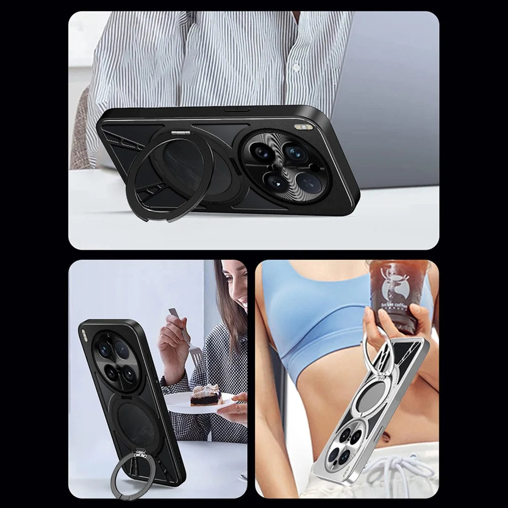 For vivo X300 Pro 5G Case Magnetic Kickstand Hollow Heat Dissipation Silicone + PC + Metal Bumper Phone Cover - Black - 7