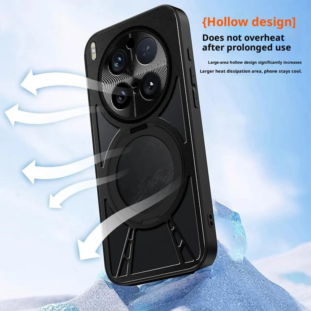 For vivo X300 5G Case Magnetic Kickstand Hollow Heat Dissipation Silicone + PC + Metal Bumper Phone Cover - Black - 6