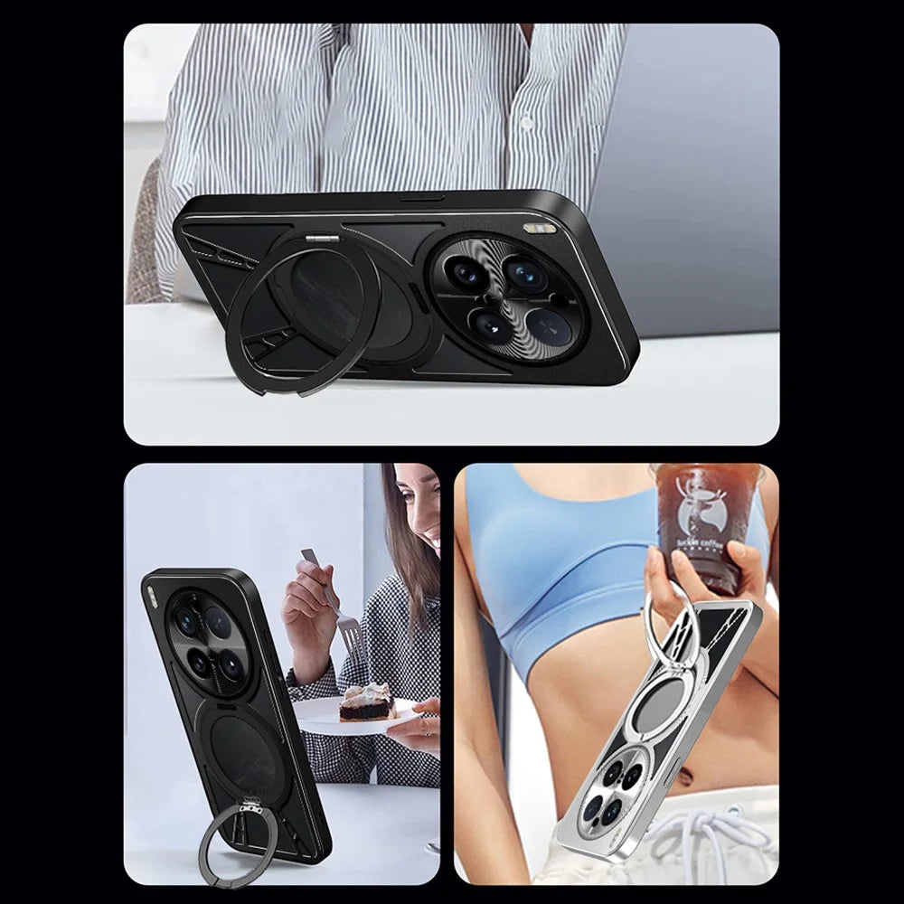 For vivo X300 5G Case Magnetic Kickstand Hollow Heat Dissipation Silicone + PC + Metal Bumper Phone Cover - Black - 7