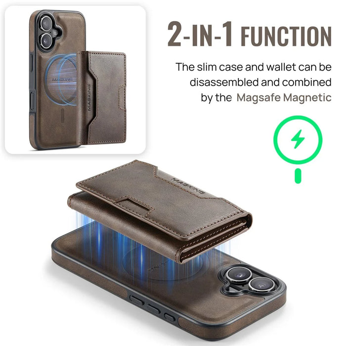 MAGKING K4 Series For iPhone 17 Case Compatible with MagSafe Detachable Wallet PU TPU PC Phone Cover - Coffee - 5