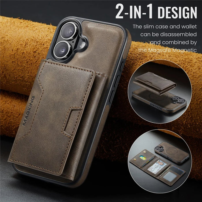MAGKING K4 Series For iPhone 17 Case Compatible with MagSafe Detachable Wallet PU TPU PC Phone Cover - Coffee - 6