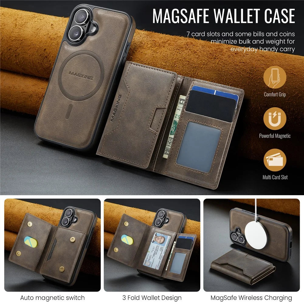 MAGKING K4 Series For iPhone 17 Case Compatible with MagSafe Detachable Wallet PU TPU PC Phone Cover - Coffee - 7