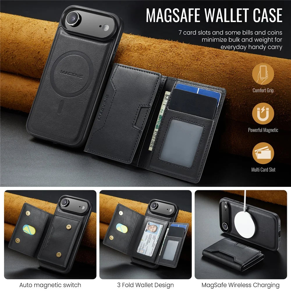 MAGKING K4 Series For iPhone Air Case Compatible with MagSafe Detachable Wallet PU TPU PC Phone Cover - Black - 7