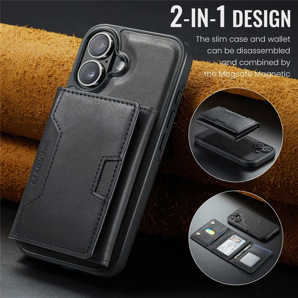 MAGKING K4 Series For iPhone 16 Case Compatible with MagSafe Detachable Wallet PU TPU PC Phone Cover - Black - 5