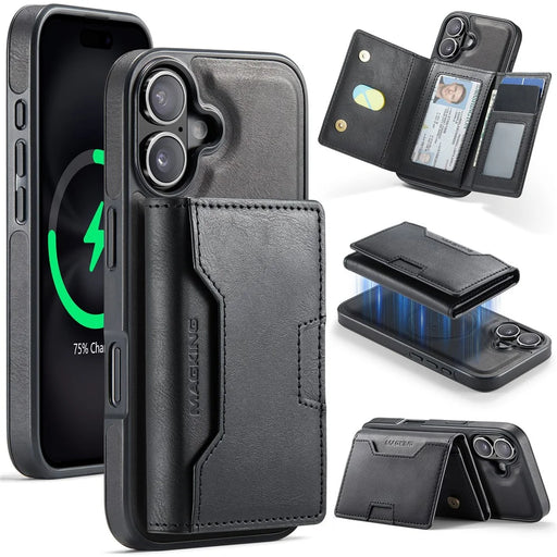 MAGKING K4 Series For iPhone 16 Plus Case Compatible with MagSafe Detachable Wallet PU TPU PC Phone Cover - Black - 1