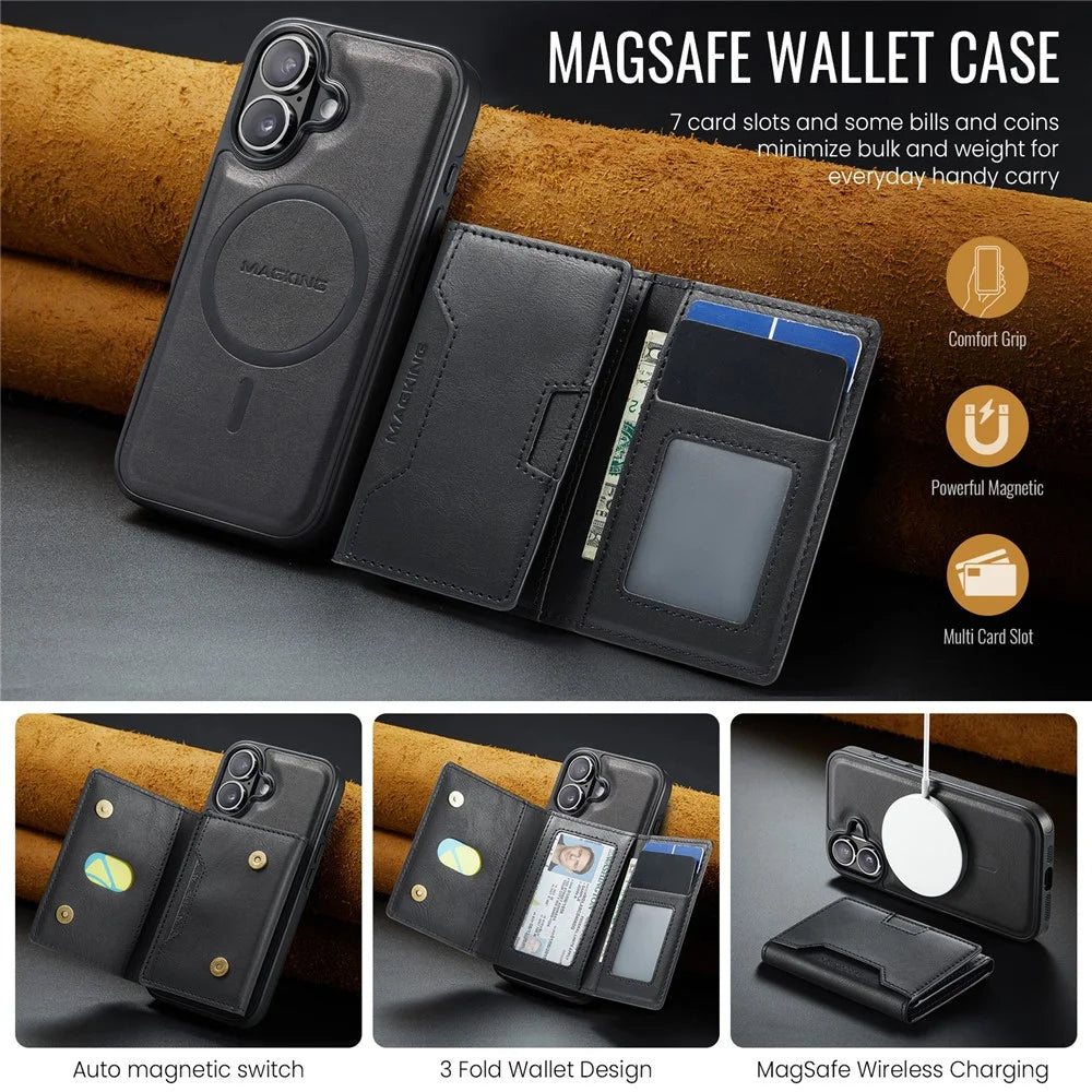 MAGKING K4 Series For iPhone 16 Plus Case Compatible with MagSafe Detachable Wallet PU TPU PC Phone Cover - Black - 6