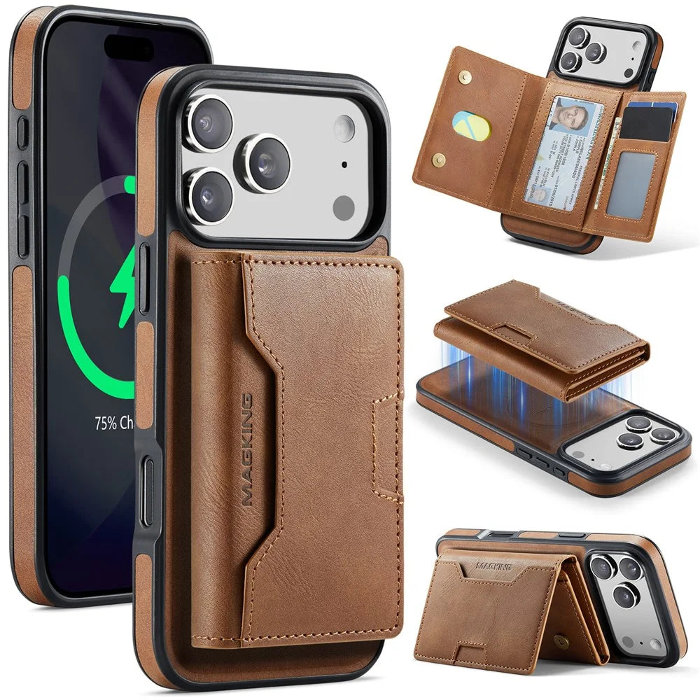 MAGKING K4 Series For iPhone 18 Pro / 17 Pro Case Compatible with MagSafe Detachable Wallet PU TPU PC Phone Cover - Brown - 1