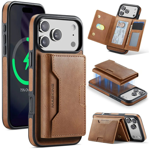 MAGKING K4 Series For iPhone 18 Pro / 17 Pro Case Compatible with MagSafe Detachable Wallet PU TPU PC Phone Cover - Brown - 1