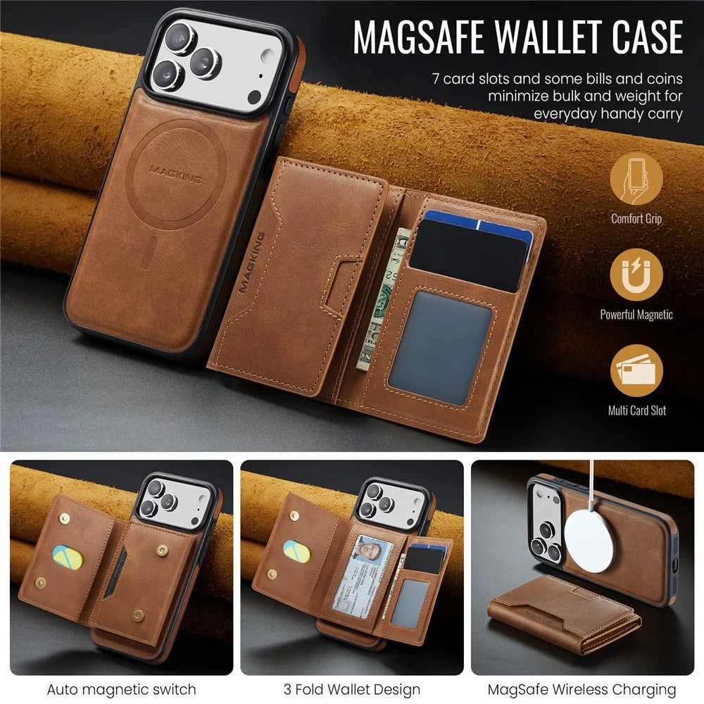 MAGKING K4 Series For iPhone 18 Pro / 17 Pro Case Compatible with MagSafe Detachable Wallet PU TPU PC Phone Cover - Brown - 7
