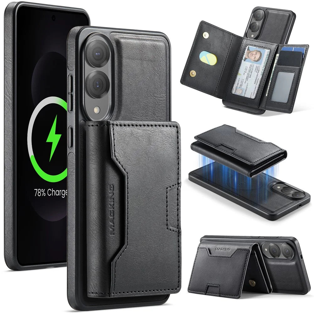 MAGKING K4 Series For Samsung Galaxy S25 Edge Magnetic Case Detachable Wallet PU TPU PC Phone Cover - Black - 1