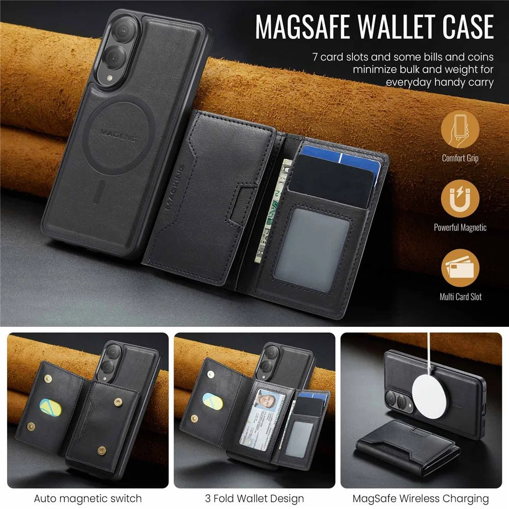 MAGKING K4 Series For Samsung Galaxy S25 Edge Magnetic Case Detachable Wallet PU TPU PC Phone Cover - Black - 6