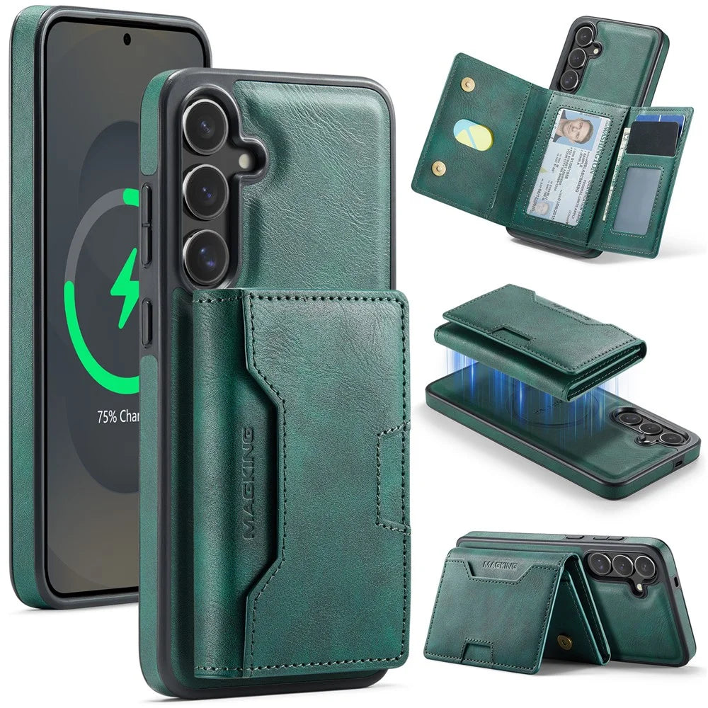 MAGKING K4 Series For Samsung Galaxy S25 FE Magnetic Case Detachable Wallet PU TPU PC Phone Cover - Green - 1