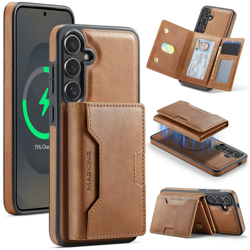 MAGKING K4 Series For Samsung Galaxy S25 Magnetic Case Detachable Wallet PU TPU PC Phone Cover - Brown - 1