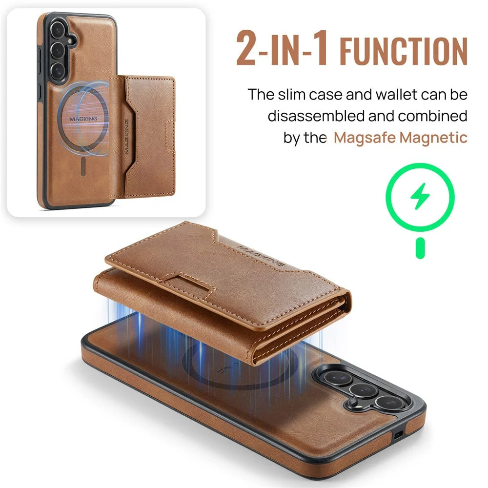 MAGKING K4 Series For Samsung Galaxy S25 Magnetic Case Detachable Wallet PU TPU PC Phone Cover - Brown - 5