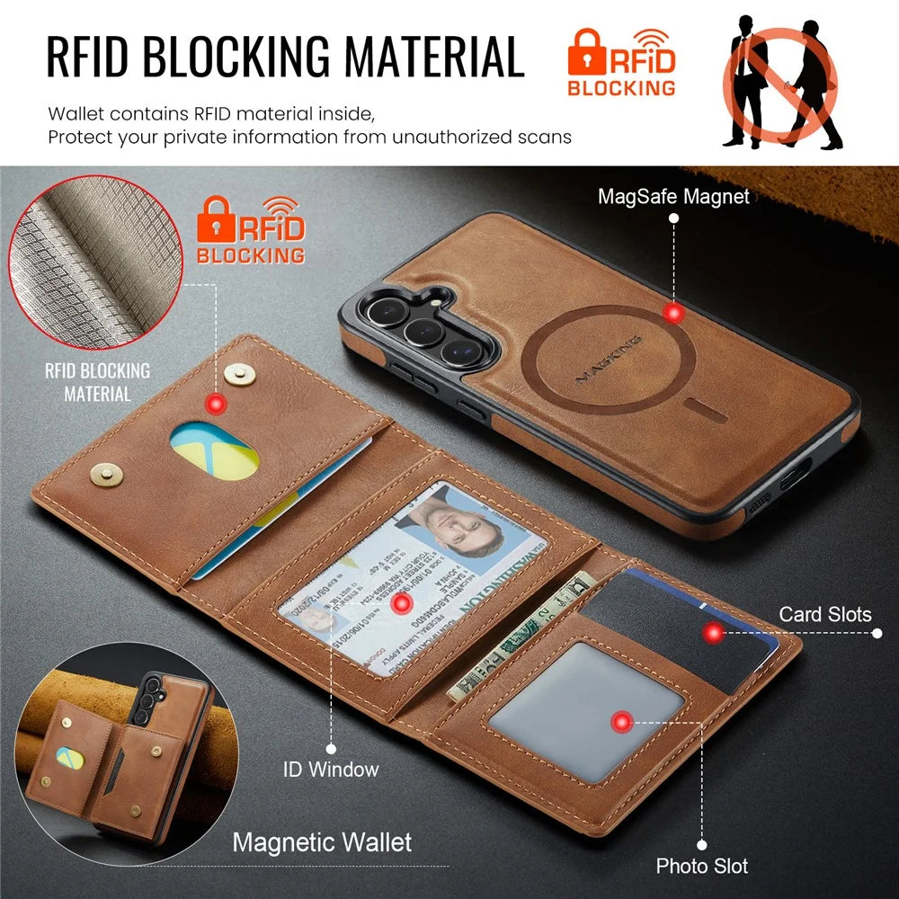 MAGKING K4 Series For Samsung Galaxy S25 Magnetic Case Detachable Wallet PU TPU PC Phone Cover - Brown - 7