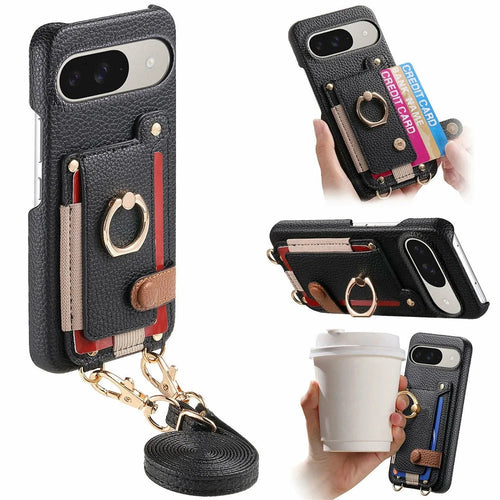 For Google Pixel 10  /  10 Pro Case Card Holder Ring Kickstand Leather + PC Phone Cover with Shoulder Strap - Black - 1