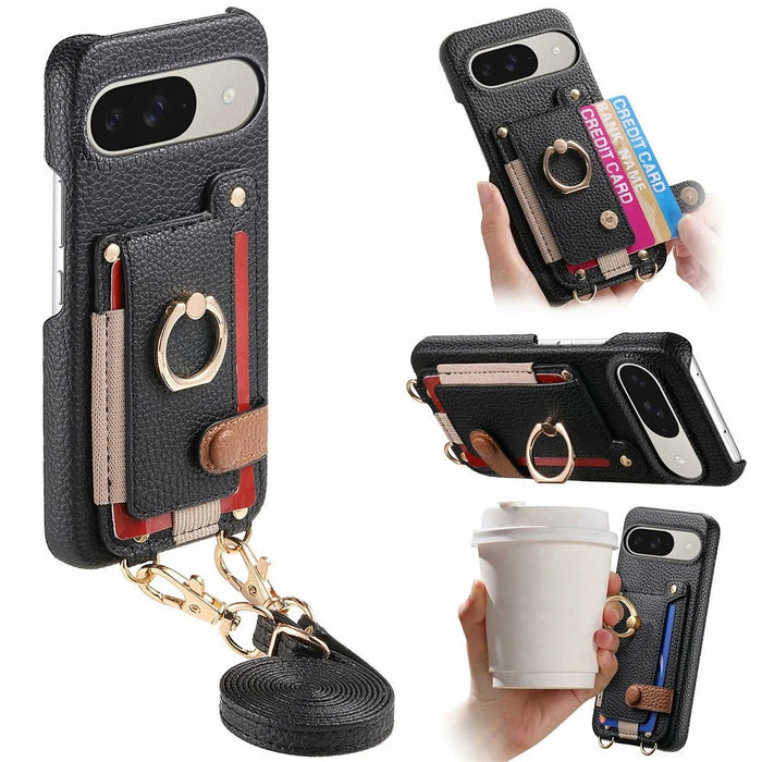 For Google Pixel 10  /  10 Pro Case Card Holder Ring Kickstand Leather + PC Phone Cover with Shoulder Strap - Black - 1