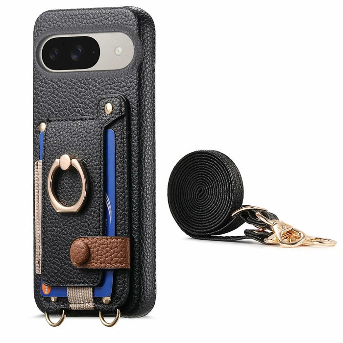 For Google Pixel 10  /  10 Pro Case Card Holder Ring Kickstand Leather + PC Phone Cover with Shoulder Strap - Black - 2