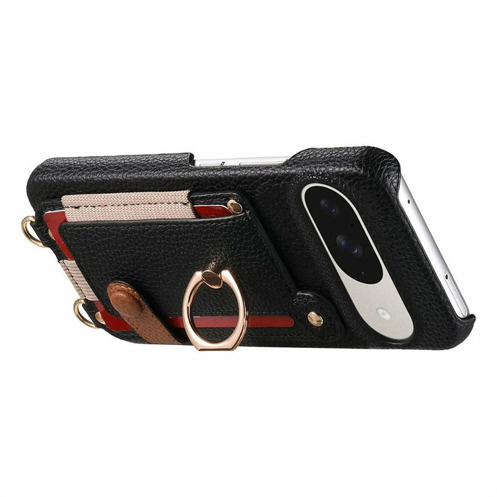 For Google Pixel 10  /  10 Pro Case Card Holder Ring Kickstand Leather + PC Phone Cover with Shoulder Strap - Black - 3