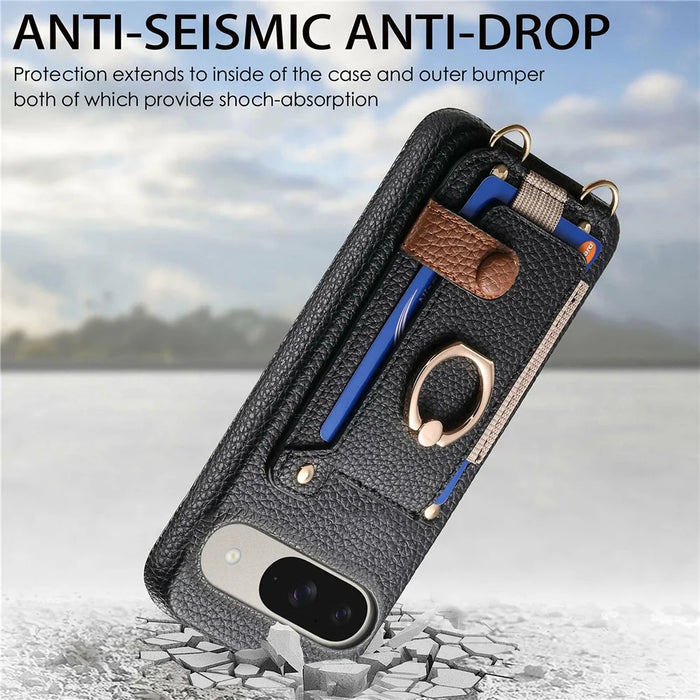 For Google Pixel 10  /  10 Pro Case Card Holder Ring Kickstand Leather + PC Phone Cover with Shoulder Strap - Black - 5