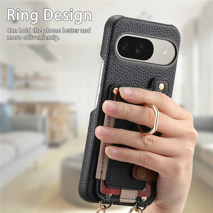 For Google Pixel 10  /  10 Pro Case Card Holder Ring Kickstand Leather + PC Phone Cover with Shoulder Strap - Black - 6