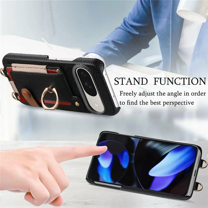 For Google Pixel 10  /  10 Pro Case Card Holder Ring Kickstand Leather + PC Phone Cover with Shoulder Strap - Black - 7