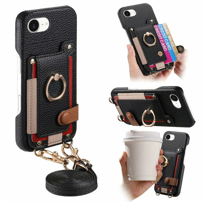 For iPhone 17e / 16e Case Card Holder Ring Kickstand Leather + PC Phone Cover with Shoulder Strap - Black - 1