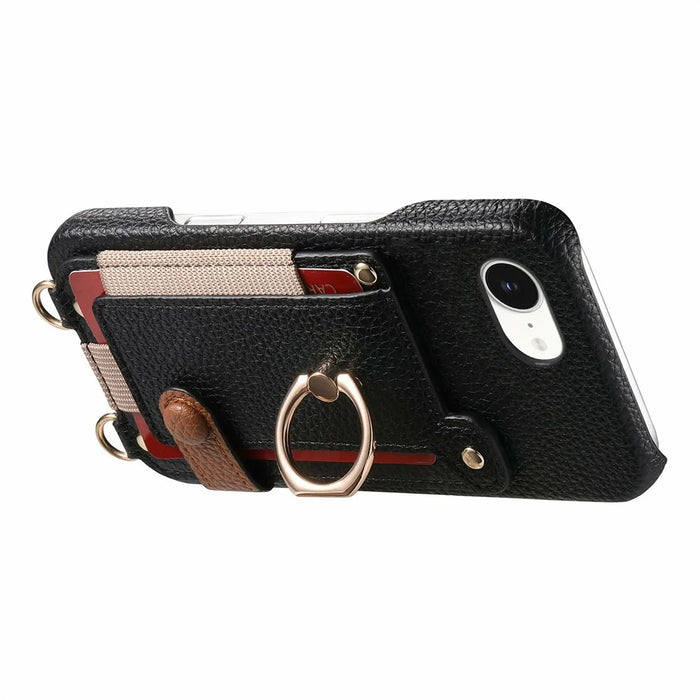 For iPhone 17e / 16e Case Card Holder Ring Kickstand Leather + PC Phone Cover with Shoulder Strap - Black - 3