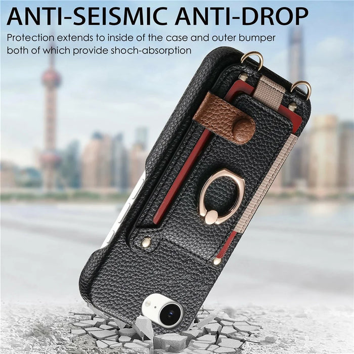 For iPhone 17e / 16e Case Card Holder Ring Kickstand Leather + PC Phone Cover with Shoulder Strap - Black - 6
