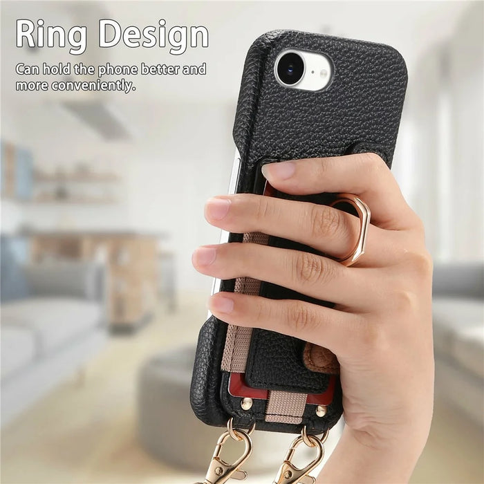 For iPhone 17e / 16e Case Card Holder Ring Kickstand Leather + PC Phone Cover with Shoulder Strap - Black - 7