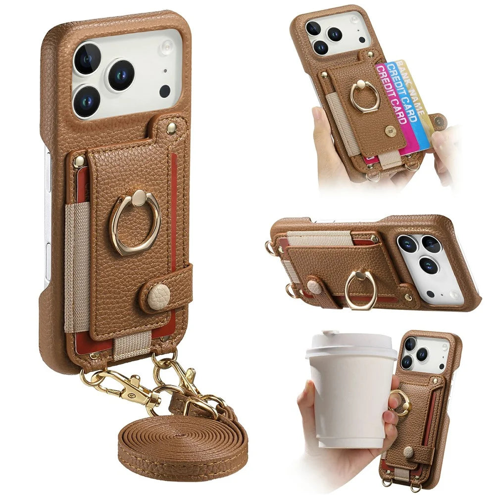 For iPhone 18 Pro / 17 Pro Case Card Holder Ring Kickstand Leather + PC Phone Cover with Shoulder Strap - Brown - 1