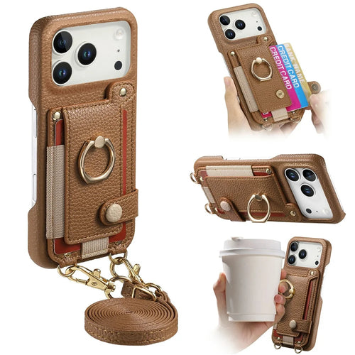 For iPhone 18 Pro / 17 Pro Case Card Holder Ring Kickstand Leather + PC Phone Cover with Shoulder Strap - Brown - 1