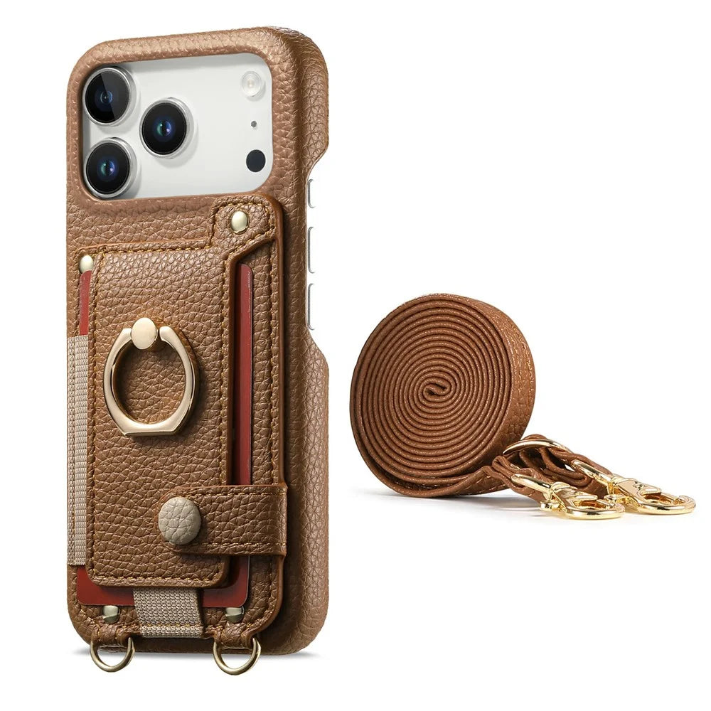 For iPhone 18 Pro / 17 Pro Case Card Holder Ring Kickstand Leather + PC Phone Cover with Shoulder Strap - Brown - 2