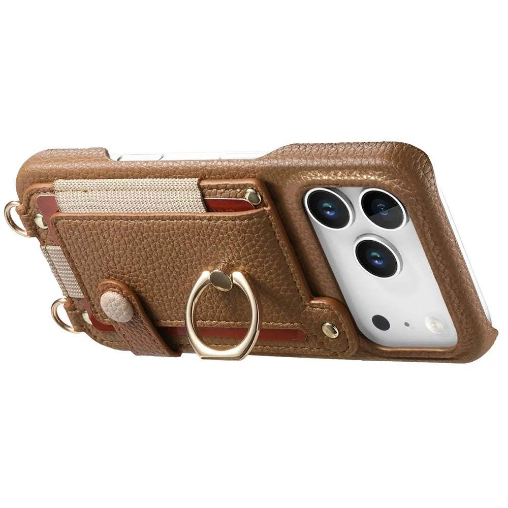 For iPhone 18 Pro / 17 Pro Case Card Holder Ring Kickstand Leather + PC Phone Cover with Shoulder Strap - Brown - 3