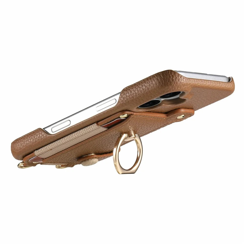 For iPhone 18 Pro / 17 Pro Case Card Holder Ring Kickstand Leather + PC Phone Cover with Shoulder Strap - Brown - 4