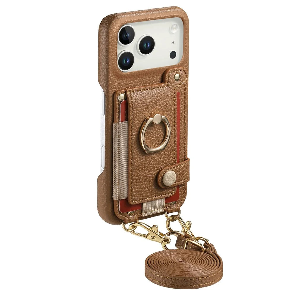 For iPhone 18 Pro / 17 Pro Case Card Holder Ring Kickstand Leather + PC Phone Cover with Shoulder Strap - Brown - 5