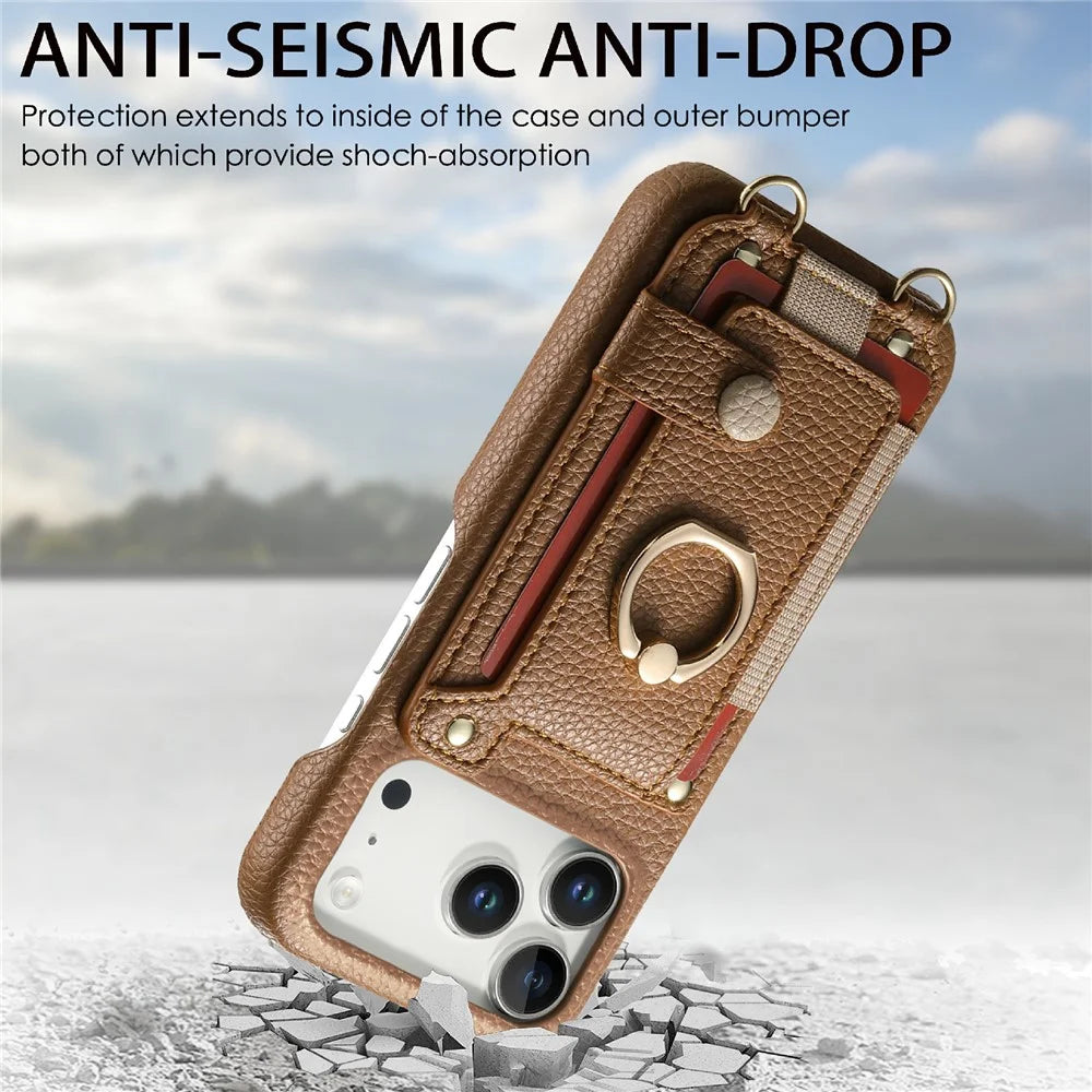 For iPhone 18 Pro / 17 Pro Case Card Holder Ring Kickstand Leather + PC Phone Cover with Shoulder Strap - Brown - 6