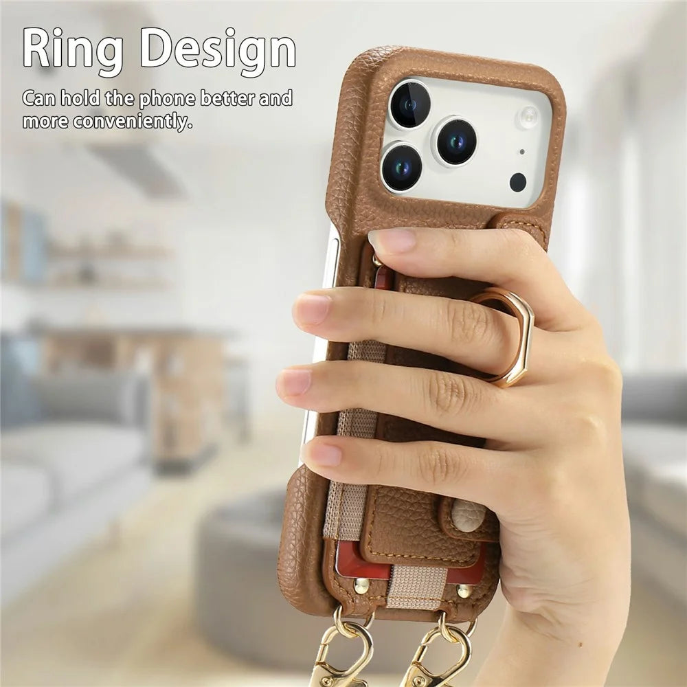 For iPhone 18 Pro / 17 Pro Case Card Holder Ring Kickstand Leather + PC Phone Cover with Shoulder Strap - Brown - 7