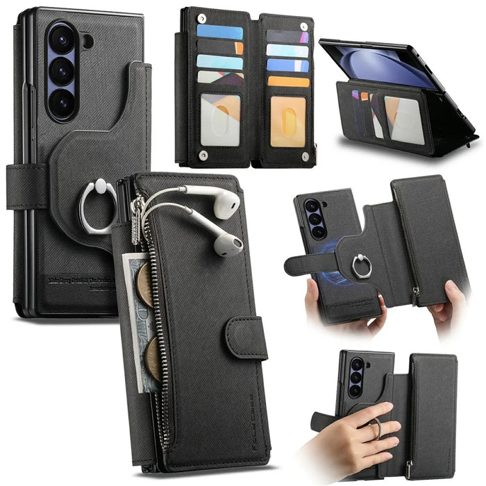 For Samsung Galaxy Z Fold5 5G Magnetic Case Detachable Wallet Stand Cloth Texture PU Leather Foldable Screen Phone Cover - Black - 1