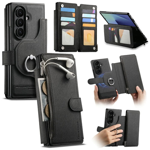 For Samsung Galaxy Z Fold7 5G Magnetic Case Detachable Wallet Stand Cloth Texture PU Leather Foldable Screen Phone Cover - Black - 1