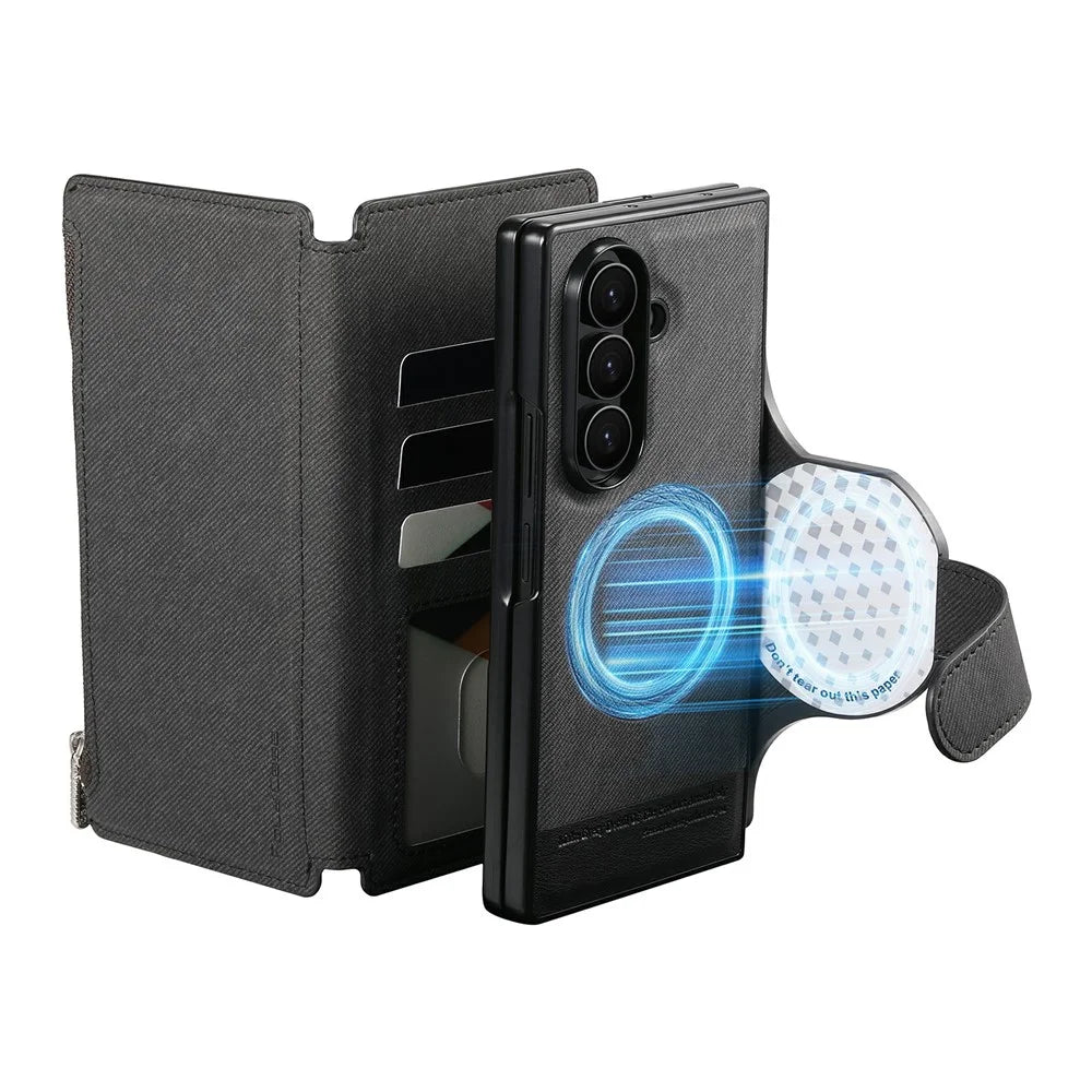 For Samsung Galaxy Z Fold7 5G Magnetic Case Detachable Wallet Stand Cloth Texture PU Leather Foldable Screen Phone Cover - Black - 5