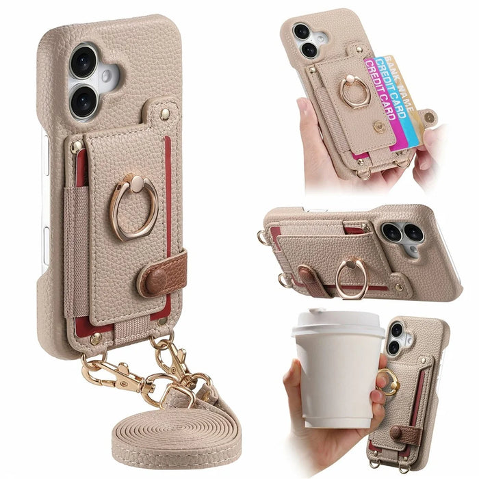 For iPhone 17 Case Card Holder Ring Kickstand Leather + PC Phone Cover with Shoulder Strap - Khaki - 1