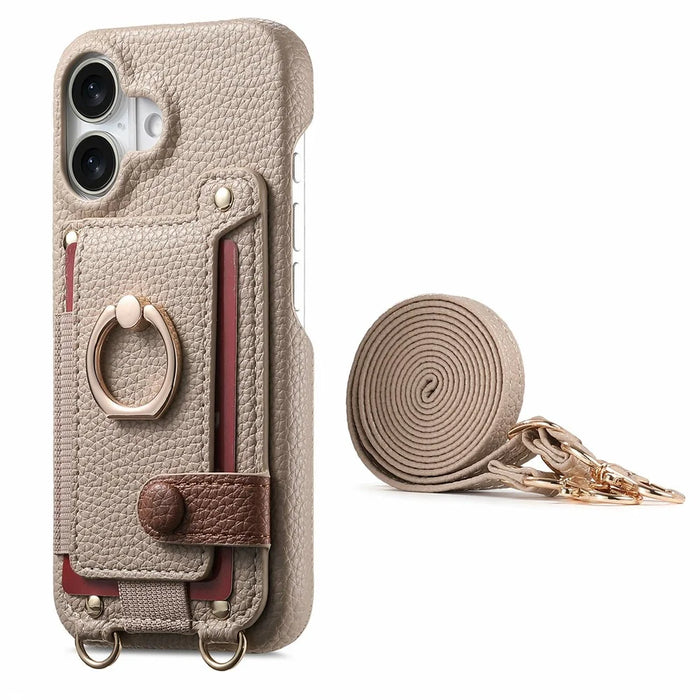 For iPhone 17 Case Card Holder Ring Kickstand Leather + PC Phone Cover with Shoulder Strap - Khaki - 2