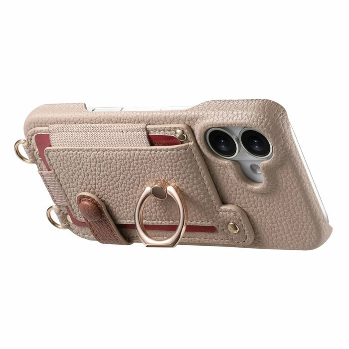 For iPhone 17 Case Card Holder Ring Kickstand Leather + PC Phone Cover with Shoulder Strap - Khaki - 3