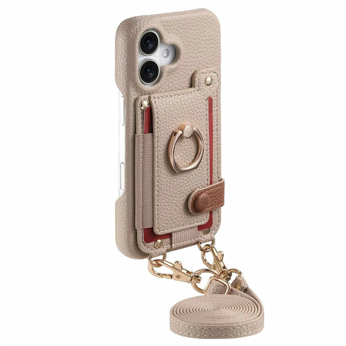For iPhone 17 Case Card Holder Ring Kickstand Leather + PC Phone Cover with Shoulder Strap - Khaki - 5