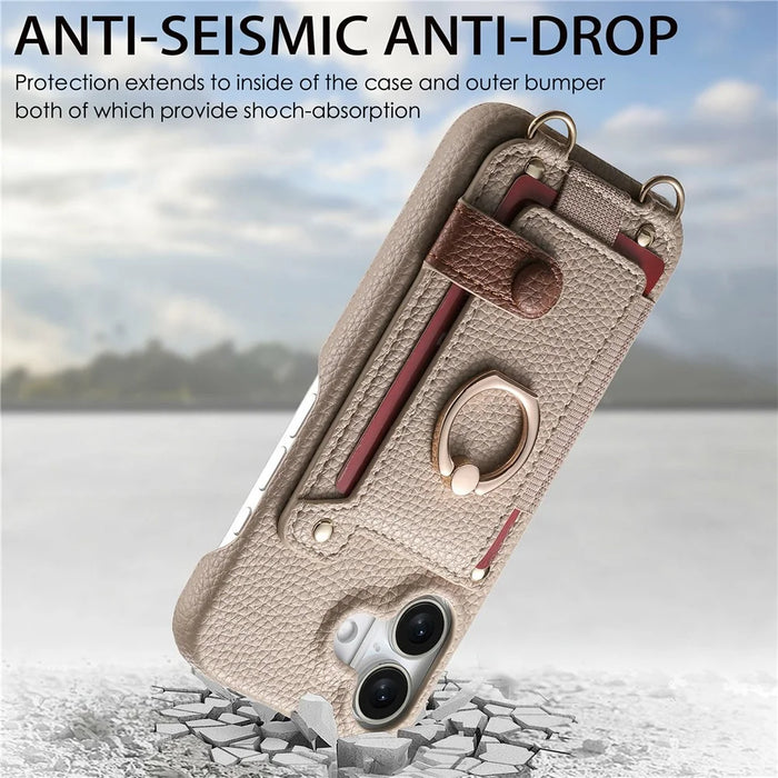 For iPhone 17 Case Card Holder Ring Kickstand Leather + PC Phone Cover with Shoulder Strap - Khaki - 6
